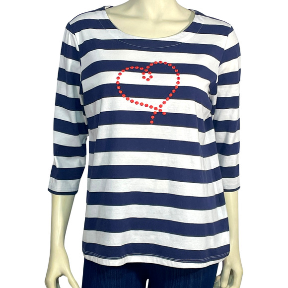 Coral Bay Sz L Boat Neck T-Shirt Top 3/4 Sleeve Heart Embroidery Navy Striped - Picture 1 of 6